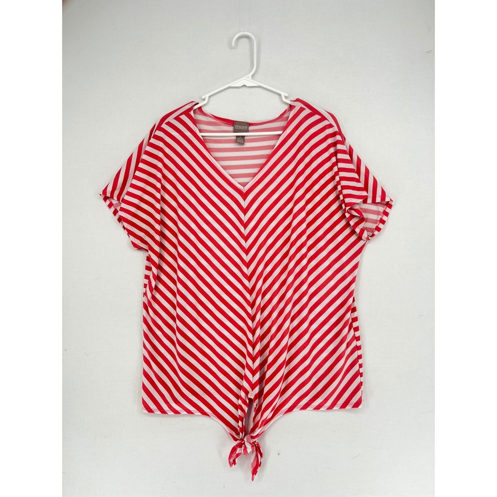 Chico's Red White Striped Tie Front V-Neck Short Sleeve Top Blouse Size 3 XL